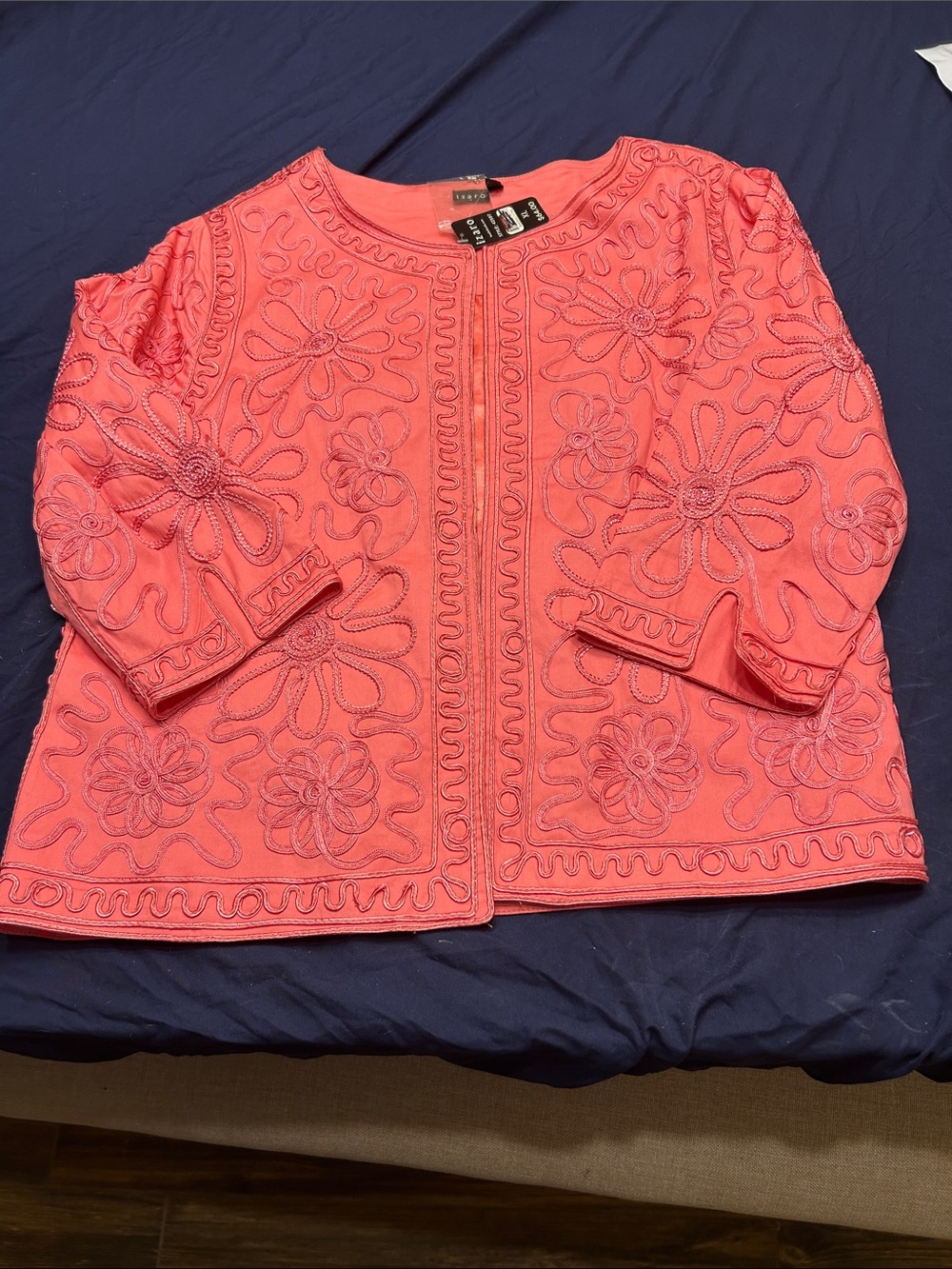 NWT Izaro Coral Pink Floral Embroidered Blazer Boho Jacket XL- L24
